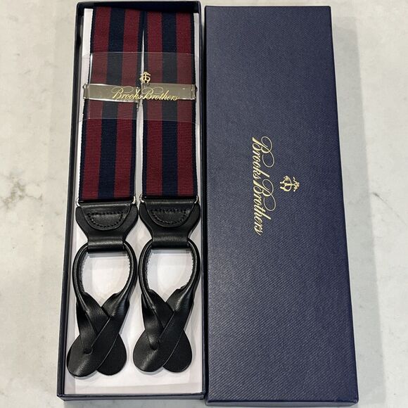 Brooks Brothers New Navy Burgundy Striped Nylon Leather Suspenders One Size